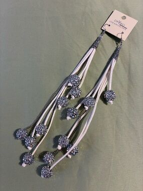 DaVinci Sparkling Long Tassel Drop Pierced Earrings - White & Silver